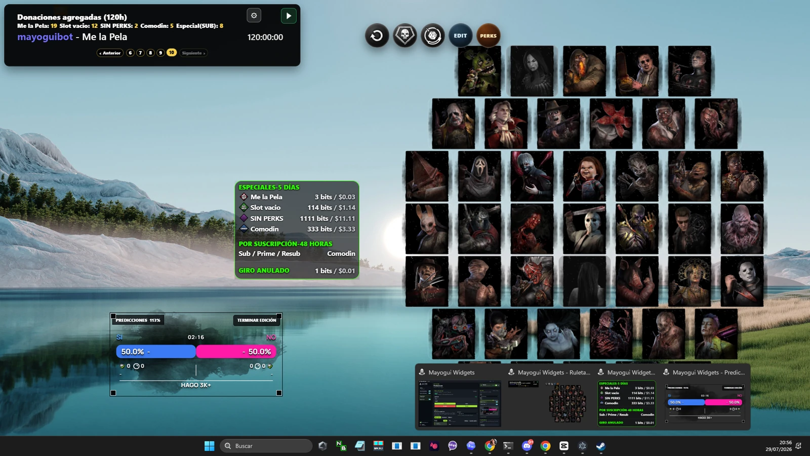 Mayogui Widgets mostrando Ruleta, Predicciones y overlays reales